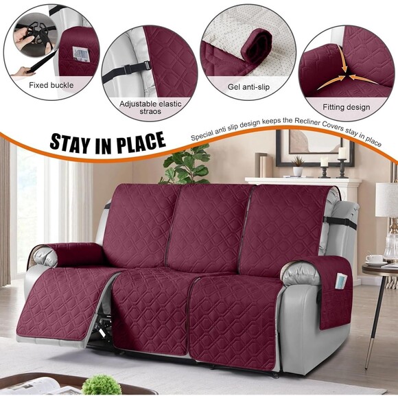 VANSOFY Waterproof Recliner Couch Covers  Washable Reclining Sofa Cover 3-Seater - Picture 5 of 9